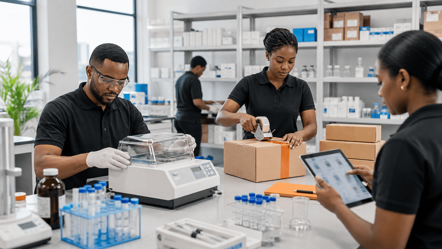 Chibek operations team inspecting and packing scientific supplies