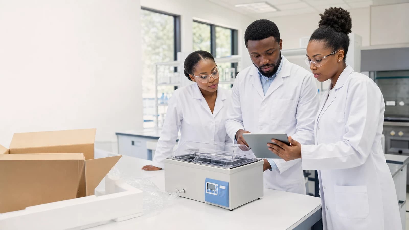Laboratory team receiving scientific supplies
