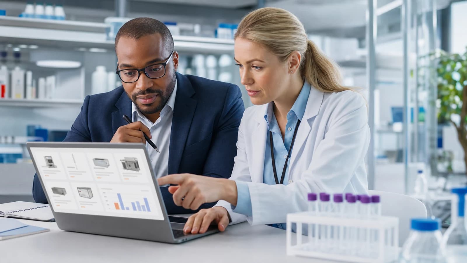 Procurement specialist and scientist comparing laboratory equipment options