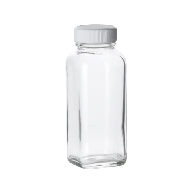Fisherbrand™ Clear French Square Glass Bottles with White Polypropylene Caps