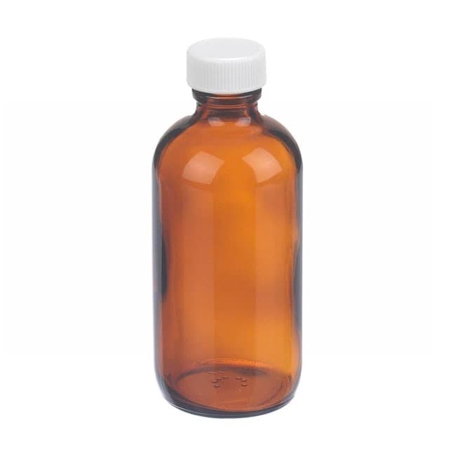 Fisherbrand™ Amber Boston Round Glass Bottles with White Polypropylene Caps