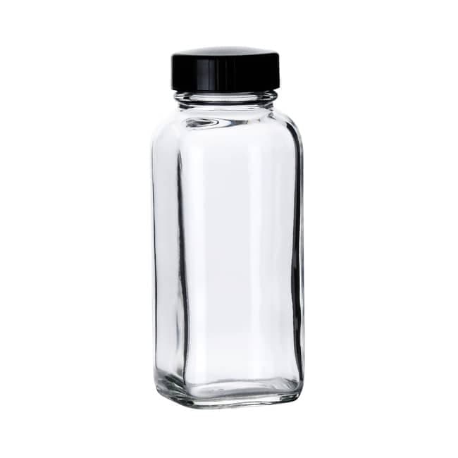 Fisherbrand™ Clear French Square Glass Bottles with Black Phenolic Caps