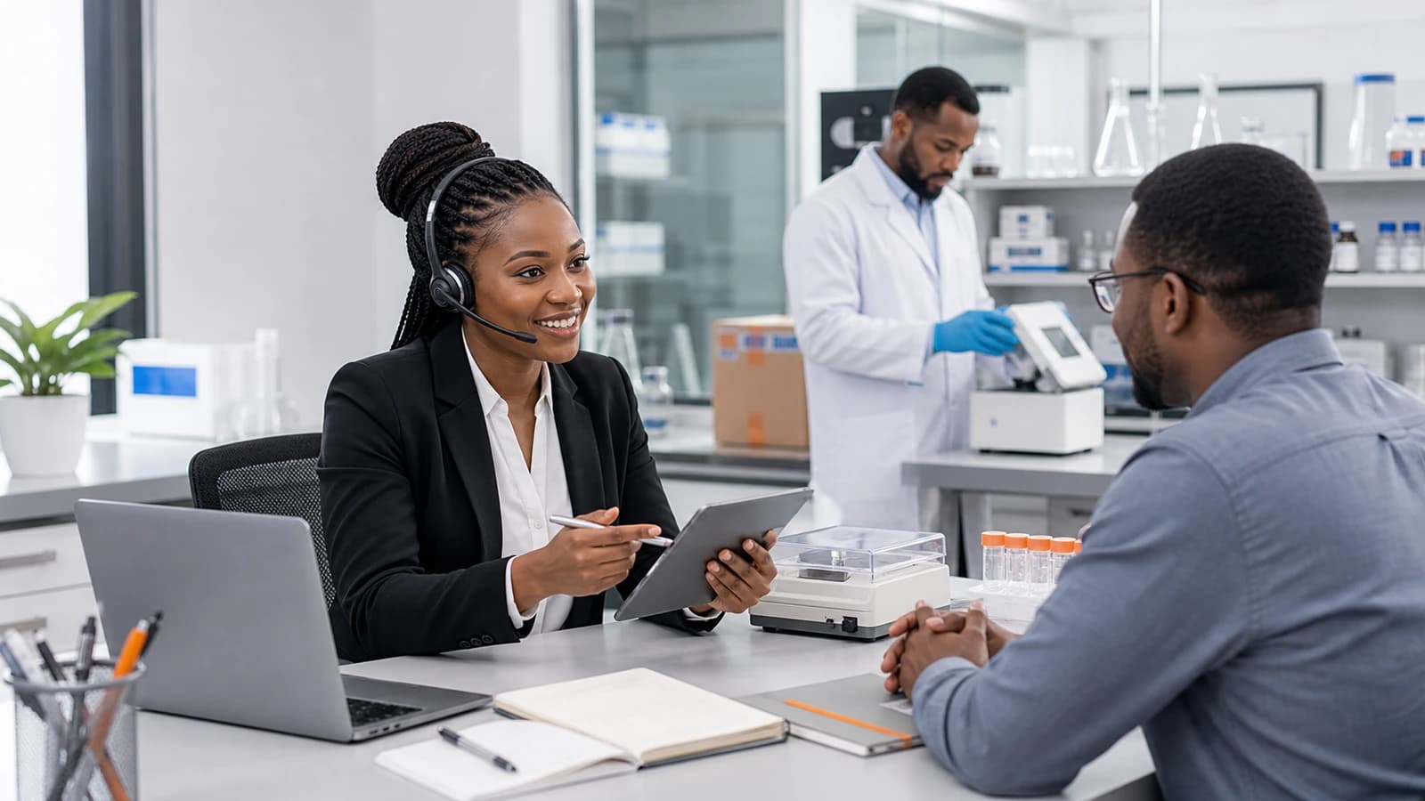 Chibek support specialist helping a laboratory customer